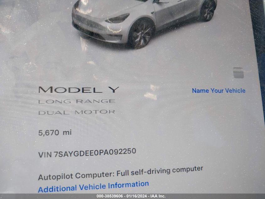 2023 TESLA MODEL Y AWD/LONG RANGE DUAL MOTOR ALL-WHEEL DRIVE - 7SAYGDEE0PA092250