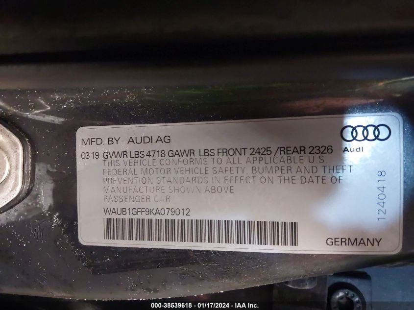 2019 AUDI S3 PREMIUM PLUS - WAUB1GFF9KA079012