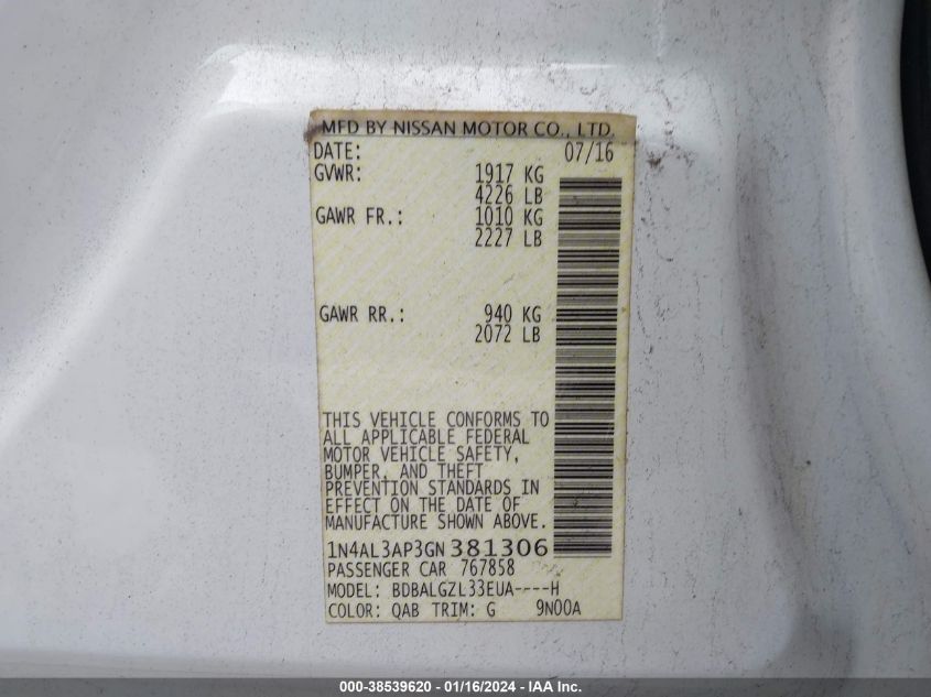 2016 NISSAN ALTIMA 2.5 S - 1N4AL3AP3GN381306