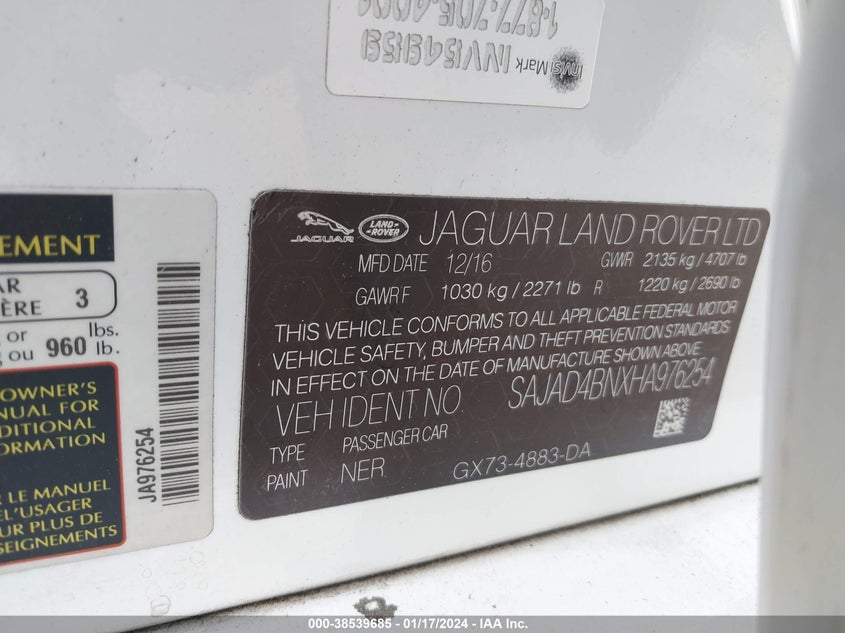 VIN SAJAD4BNXHA976254 2017 JAGUAR XE 20D PREMIUM