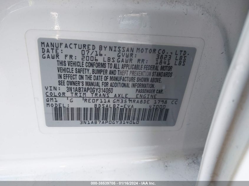 2016 NISSAN SENTRA S/SV/SR/SL - 3N1AB7AP0GY314060