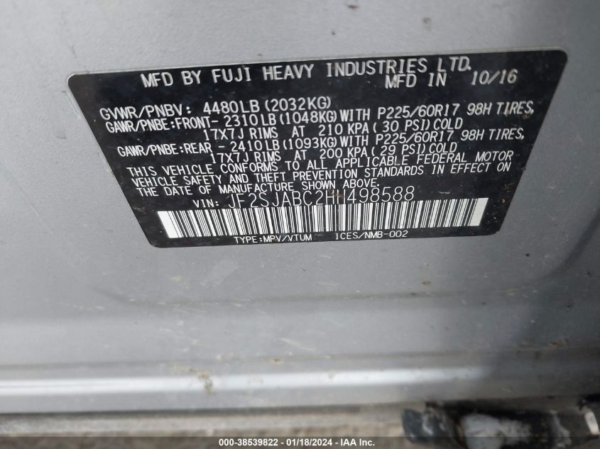 VIN JF2SJABC2HH498588 2017 SUBARU FORESTER 2.5I