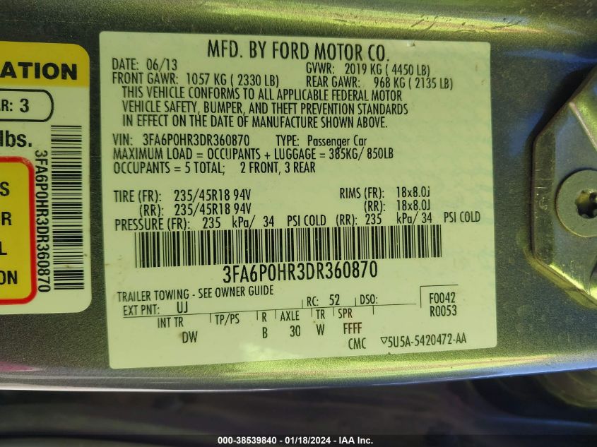 2013 FORD FUSION SE - 3FA6P0HR3DR360870