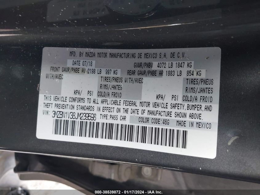 2018 MAZDA MAZDA3 TOURING - 3MZBN1V38JM239598