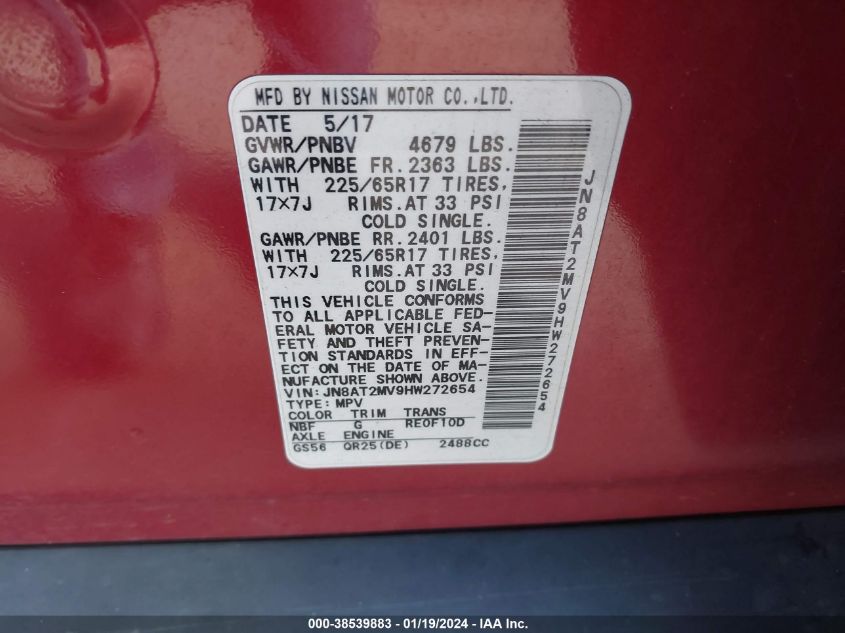 2017 NISSAN ROGUE SV - JN8AT2MV9HW272654