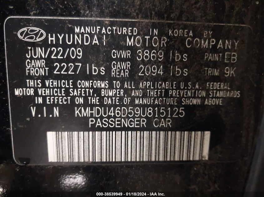 KMHDU46D59U815125 | 2009 HYUNDAI ELANTRA