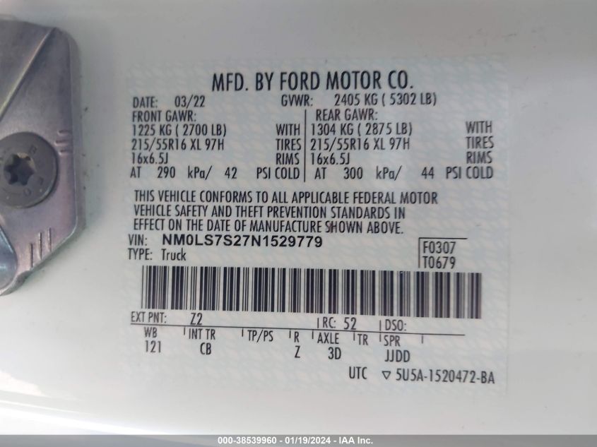 2022 FORD TRANSIT CONNECT XL - NM0LS7S27N1529779