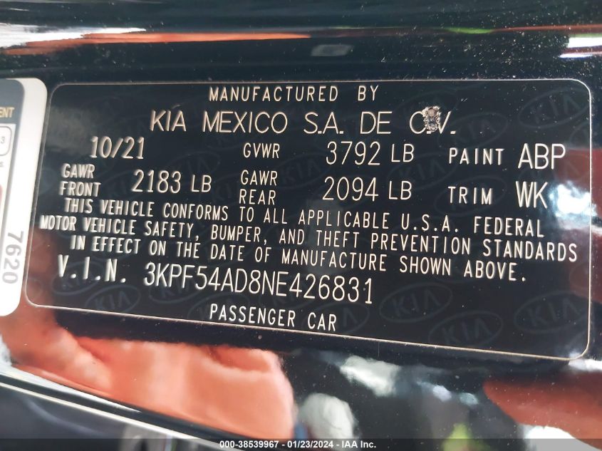 2022 KIA FORTE GT LINE - 3KPF54AD8NE426831