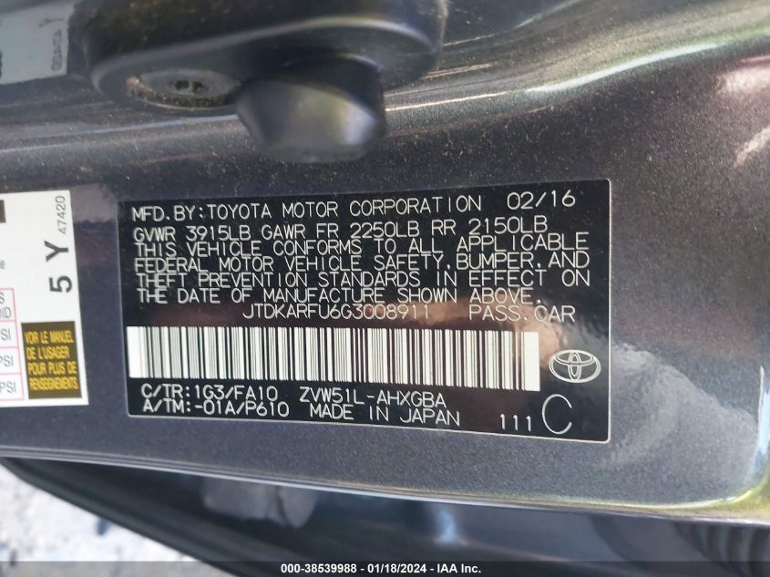 2016 TOYOTA PRIUS THREE - JTDKARFU6G3008911