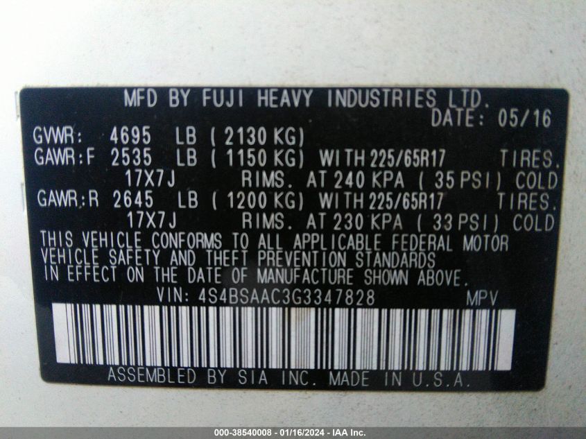 2016 SUBARU OUTBACK 2.5I - 4S4BSAAC3G3347828