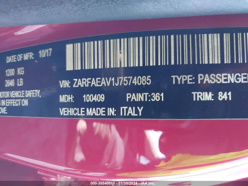 2018 ALFA ROMEO GIULIA QUADRIFOGLIO RWD - ZARFAEAV1J7574085