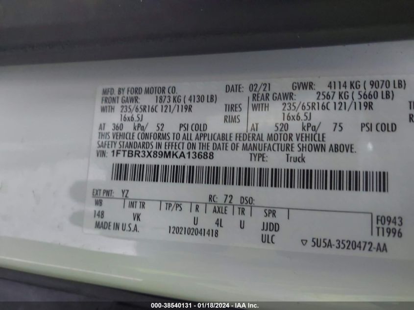 2021 FORD TRANSIT-250 CARGO VAN 1FTBR3X89MKA13688