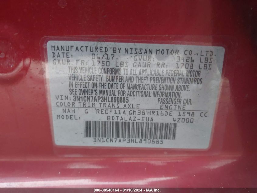 2017 NISSAN VERSA 1.6 S+ - 3N1CN7AP3HL890885