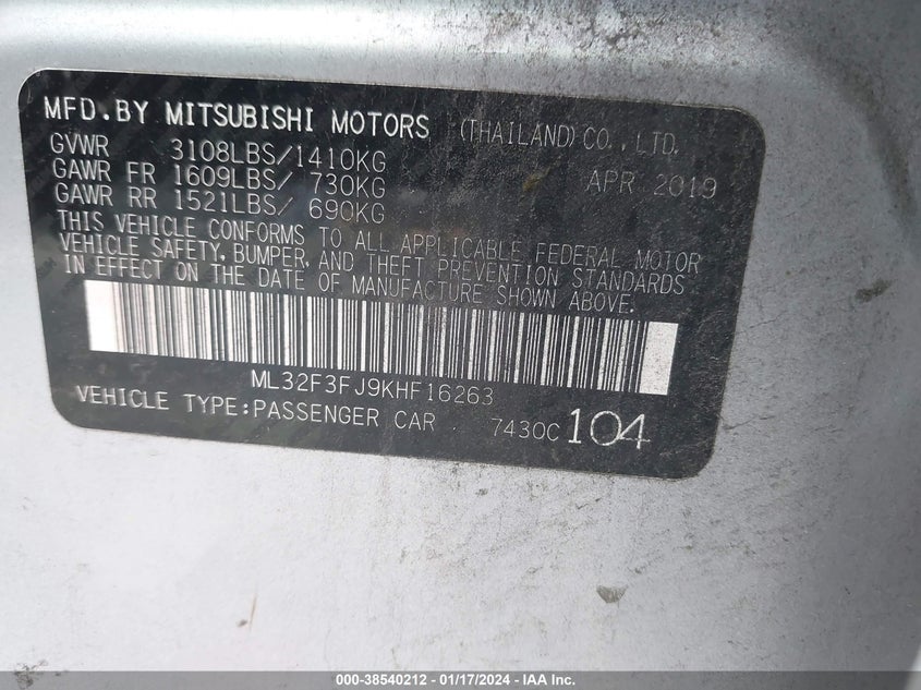 VIN ML32F3FJ9KHF16263 2019 MITSUBISHI MIRAGE G4 ES