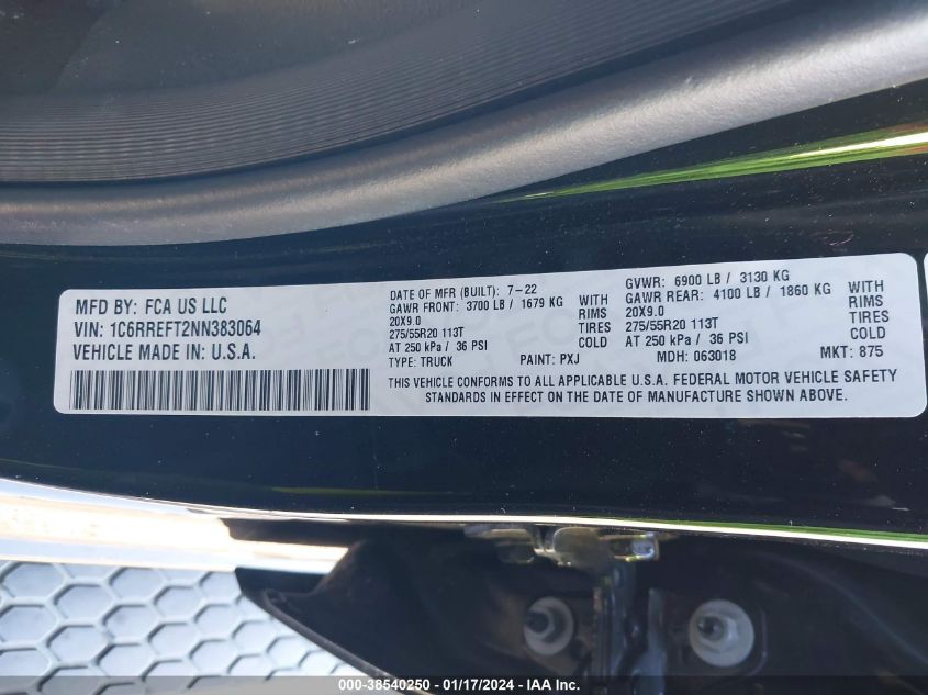 2022 RAM 1500 LONE STAR  4X2 5'7 BOX - 1C6RREFT2NN383064
