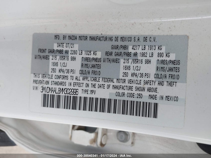 VIN 3MVDMAAL8MM302996 2021 MAZDA CX-30