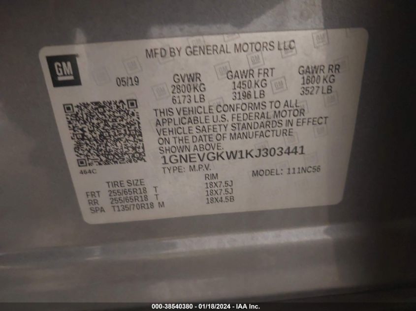 2019 CHEVROLET TRAVERSE 1LT - 1GNEVGKW1KJ303441