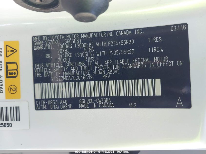 2016 LEXUS RX 350 - 2T2ZZMCA7GC016619