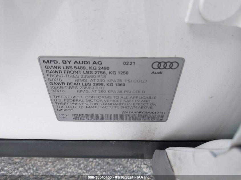 2021 AUDI Q5 PREMIUM 45 TFSI QUATTRO S TRONIC - WA1AAAFY2M2059141
