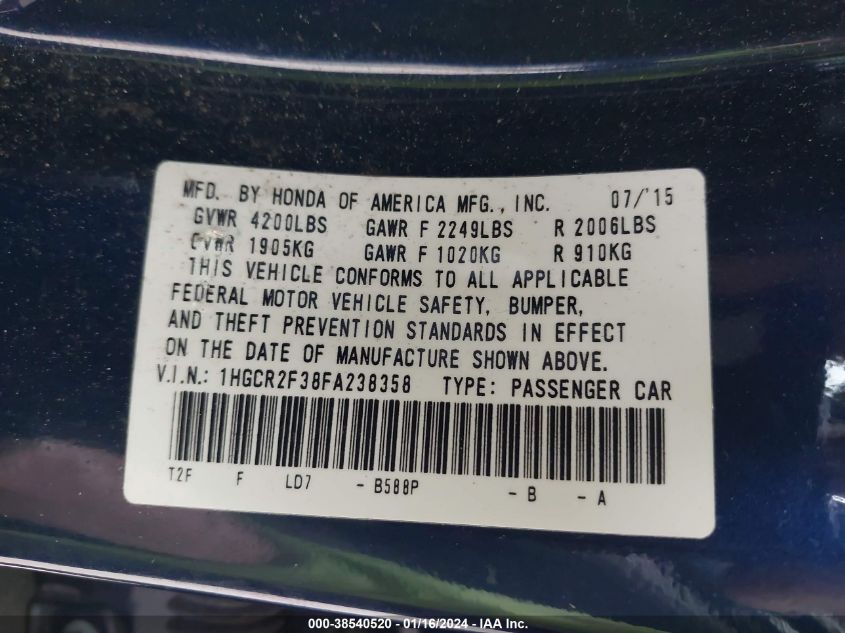 2015 HONDA ACCORD LX - 1HGCR2F38FA238358