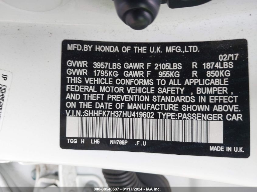 2017 HONDA CIVIC LX - SHHFK7H37HU419602