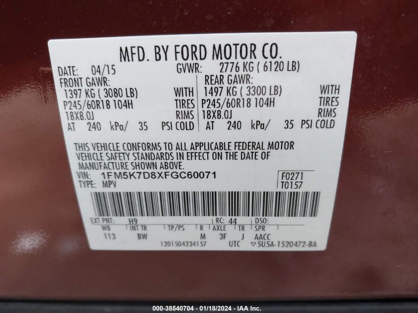 2015 FORD EXPLORER XLT - 1FM5K7D8XFGC60071
