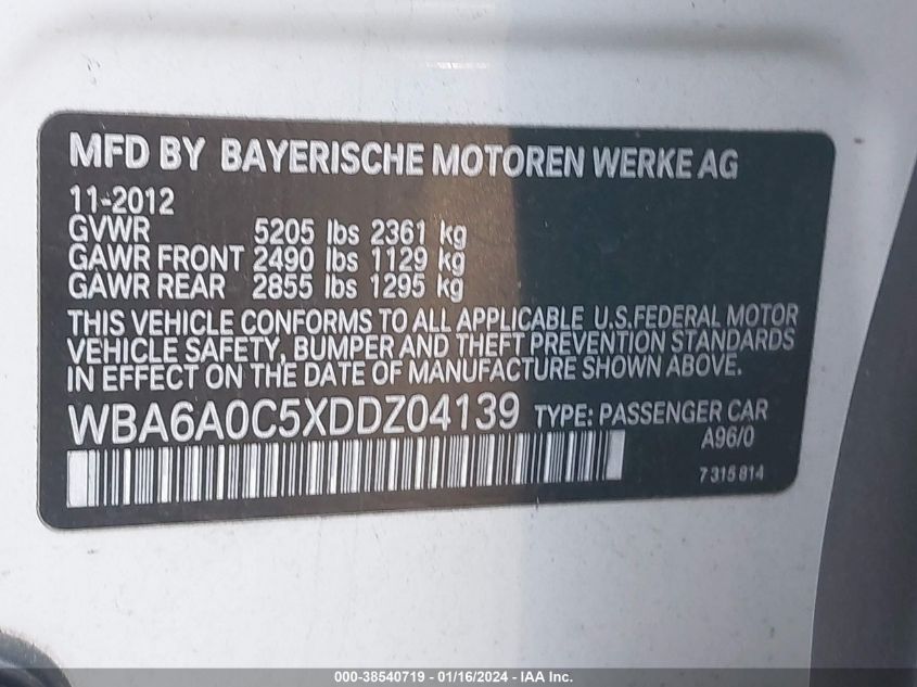 2013 BMW 640I GRAN COUPE - WBA6A0C5XDDZ04139