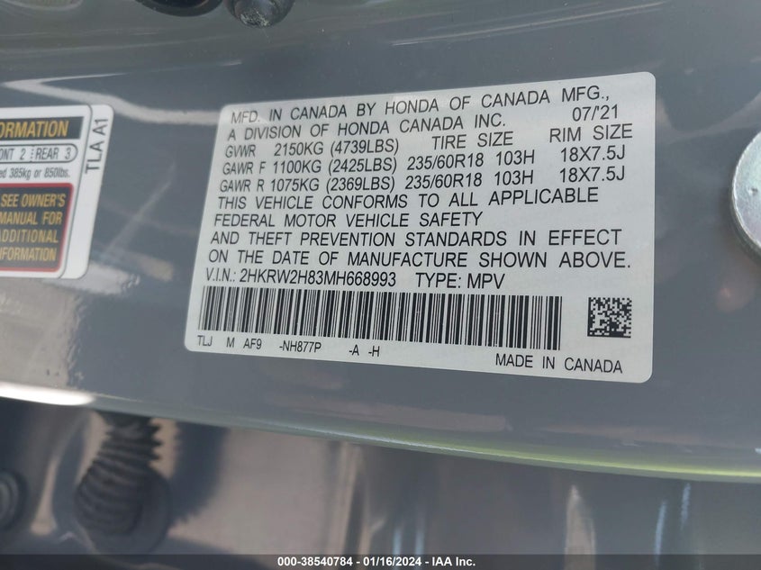 VIN 2HKRW2H83MH668993 2021 HONDA CR-V EXL