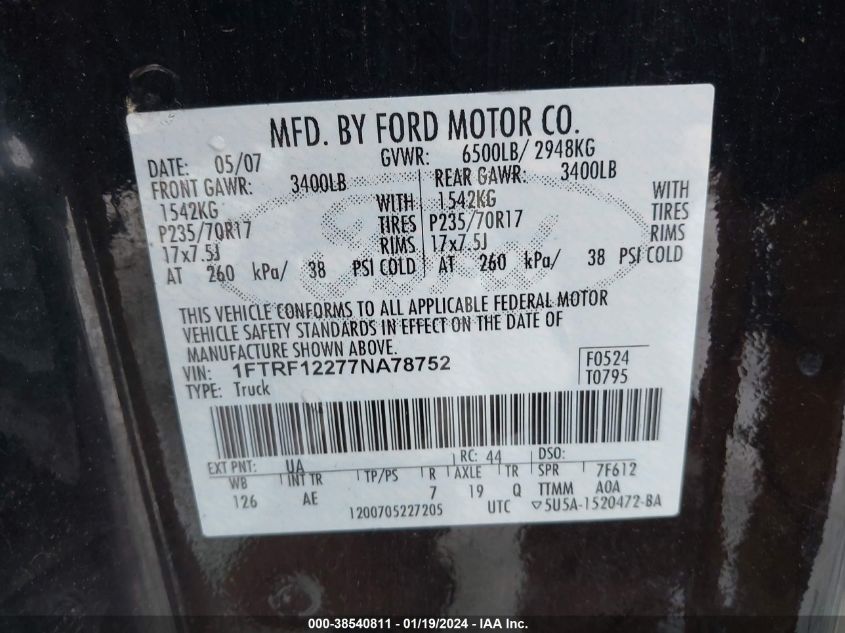 1FTRF12277NA78752 | 2007 FORD F-150