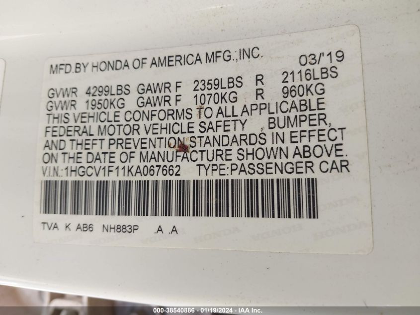 2019 HONDA ACCORD LX - 1HGCV1F11KA067662