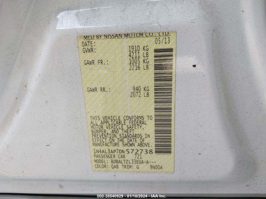 2013 NISSAN ALTIMA 2.5/S/SV/SL - 1N4AL3AP7DN572738
