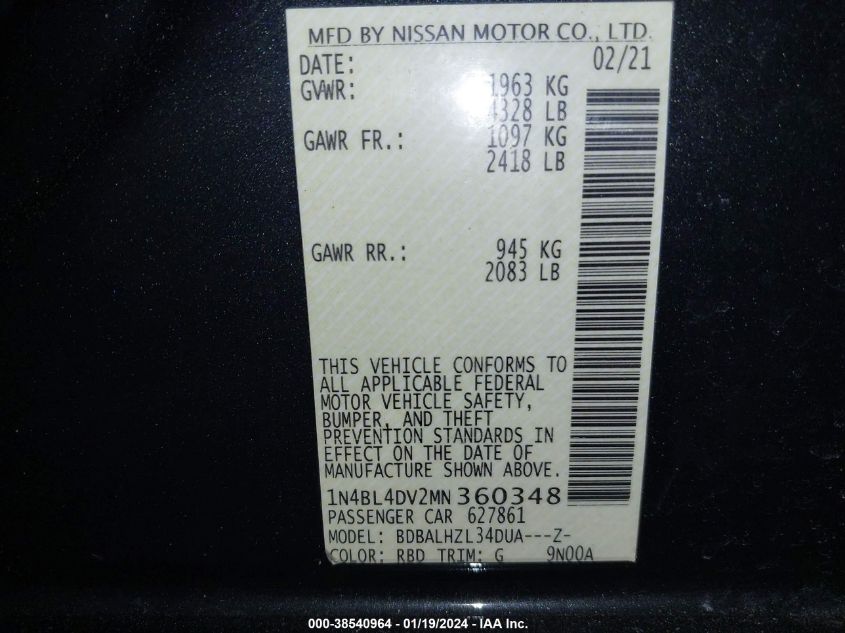 2021 NISSAN ALTIMA SV - 1N4BL4DV2MN360348