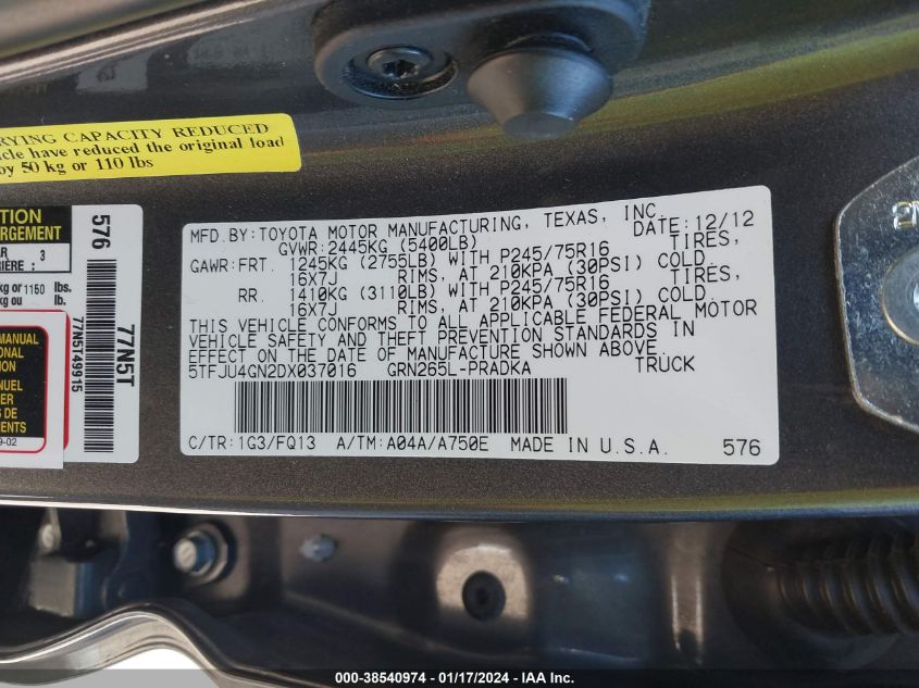 2013 TOYOTA TACOMA DOUBLE CAB PRERUNNER - 5TFJU4GN2DX037016