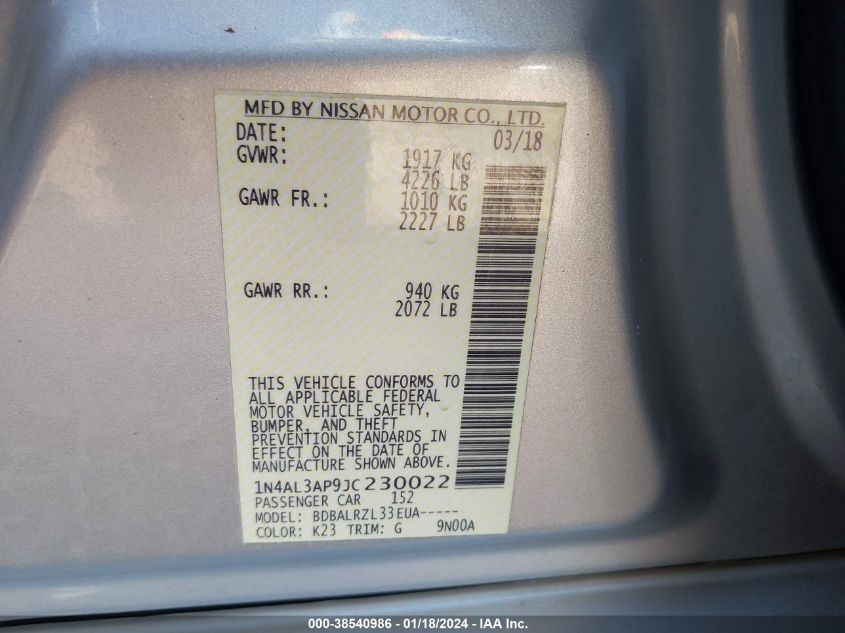 2018 NISSAN ALTIMA 2.5 SL - 1N4AL3AP9JC230022