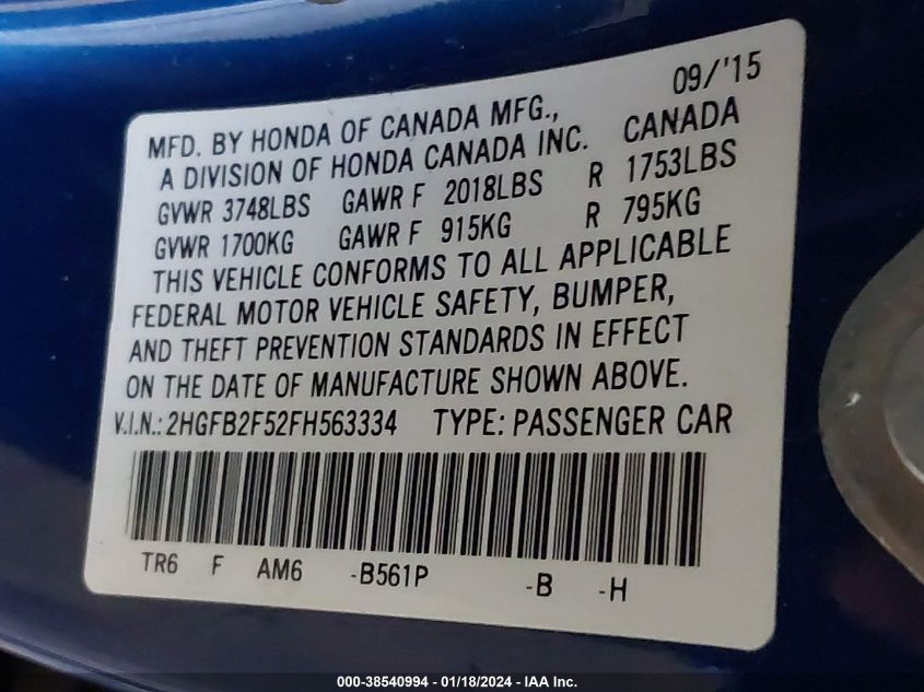 2015 HONDA CIVIC LX - 2HGFB2F52FH563334