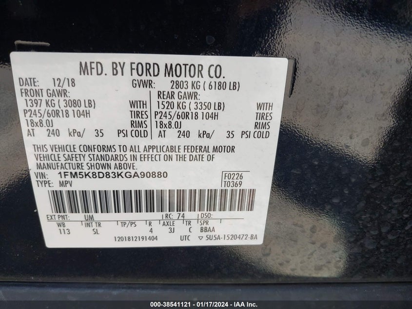 VIN 1FM5K8D83KGA90880 2019 FORD EXPLORER XLT