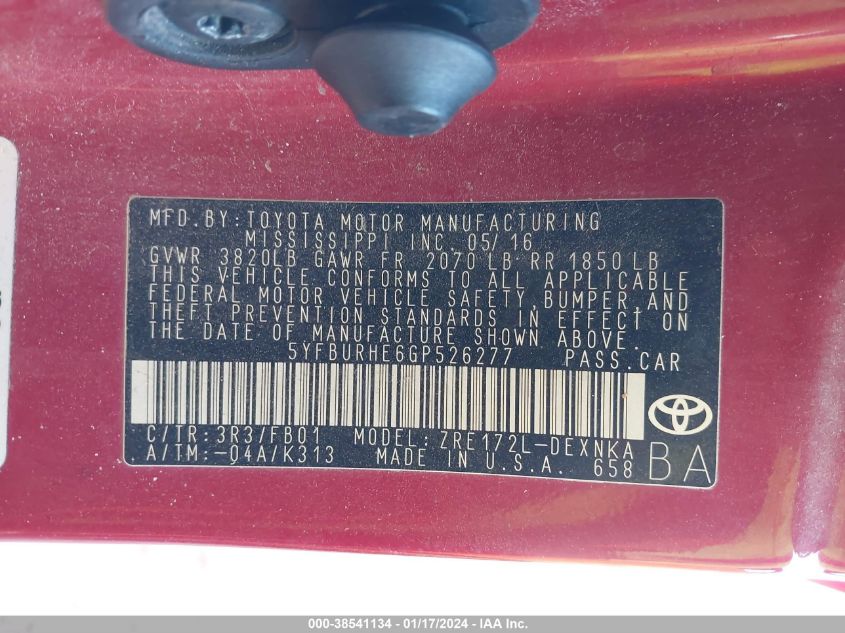 2016 TOYOTA COROLLA L/LE/LE PLS/PRM/S/S PLS - 5YFBURHE6GP526277