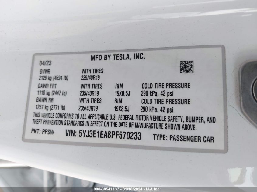 2023 TESLA MODEL 3 - 5YJ3E1EA8PF570233