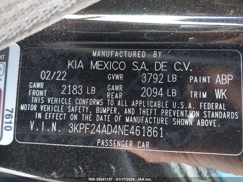 2022 KIA FORTE FE/LXS - 3KPF24AD4NE461861