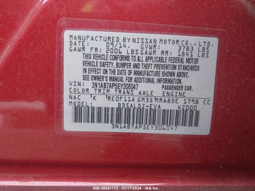 2014 NISSAN SENTRA S/SV/SR/SL - 3N1AB7AP5EY306047