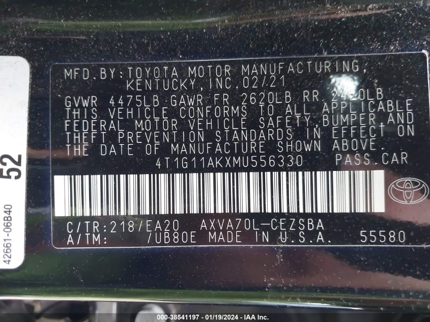 2021 TOYOTA CAMRY SE - 4T1G11AKXMU556330