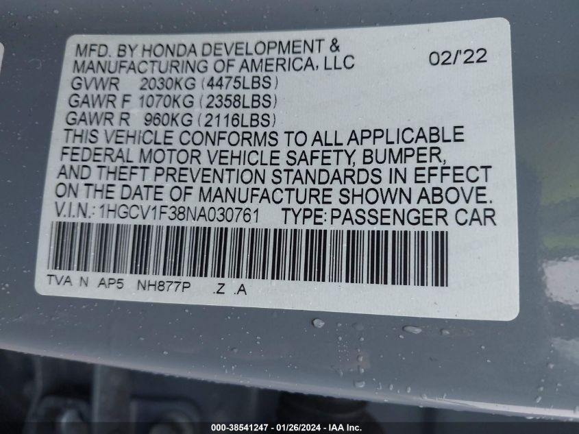 2022 HONDA ACCORD SPORT - 1HGCV1F38NA030761