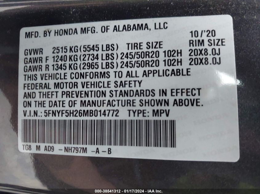 2021 HONDA PILOT SE - 5FNYF5H26MB014772