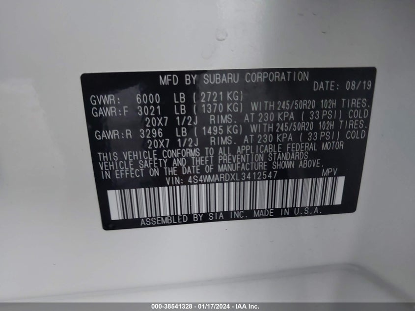 VIN 4S4WMARDXL3412547 2020 SUBARU ASCENT TOURING