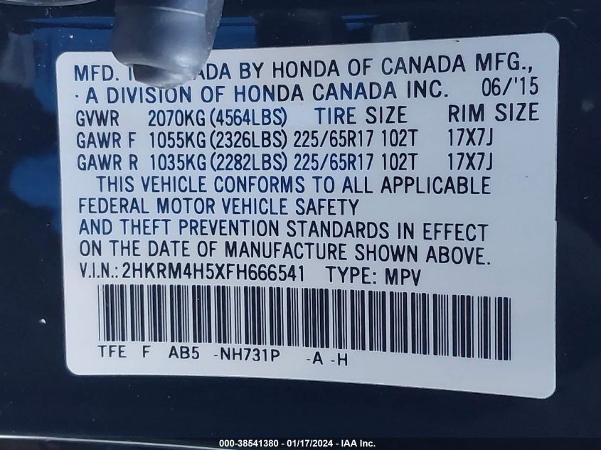 2015 HONDA CR-V EX - 2HKRM4H5XFH666541