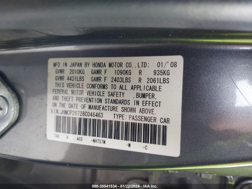 JHMCP26728C046463 | 2008 HONDA ACCORD