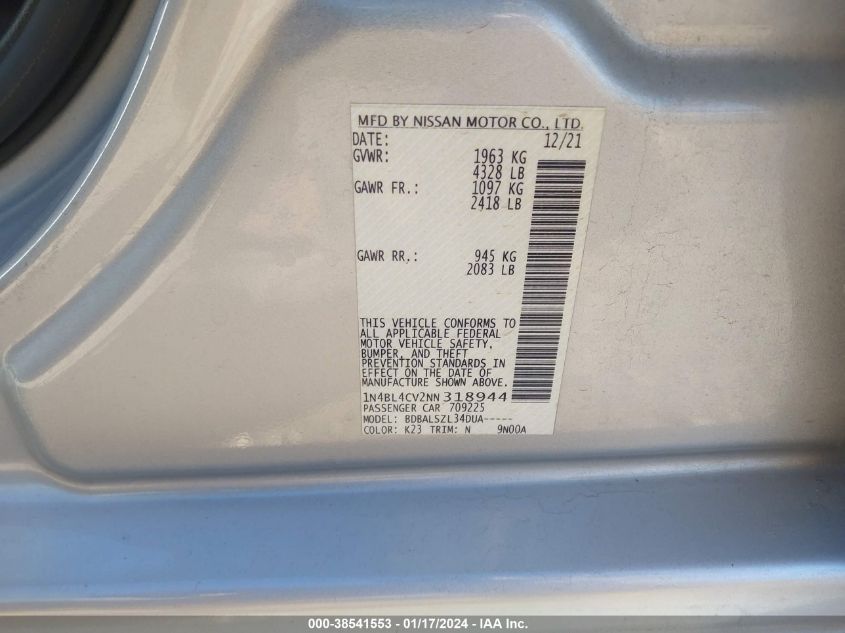 2022 NISSAN ALTIMA SR FWD - 1N4BL4CV2NN318944