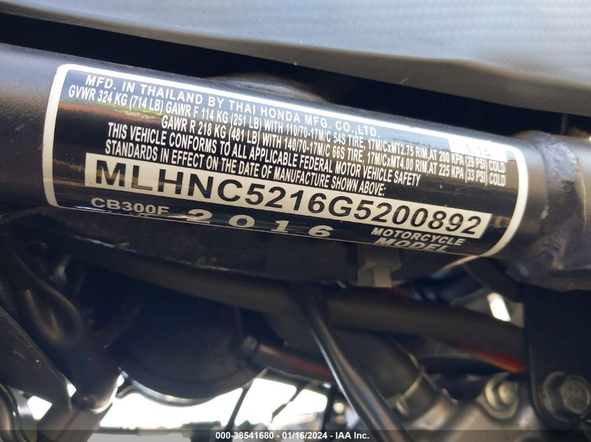 2016 HONDA CB300 F MLHNC5216G5200892