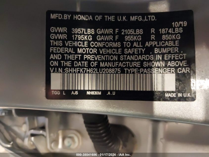 2020 HONDA CIVIC EX - SHHFK7H62LU208875