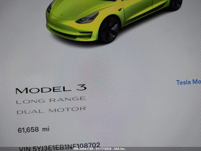 2022 TESLA MODEL 3 LONG RANGE DUAL MOTOR ALL-WHEEL DRIVE - 5YJ3E1EB1NF108702